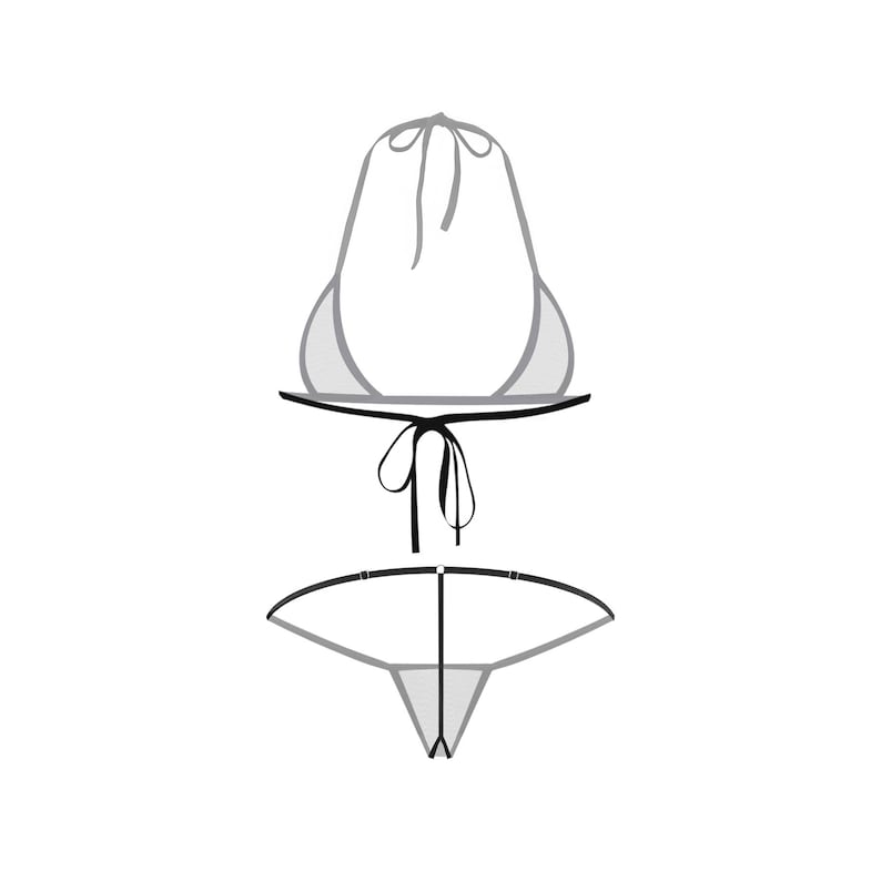 Pode incluir: Um biqu&iacute;ni preto e branco com top triangular e parte inferior de corda.