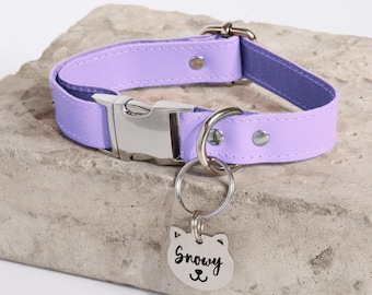 Lavender Leather Dog Collar: Personalized Engraved Name Tag, Adjustable Fit
