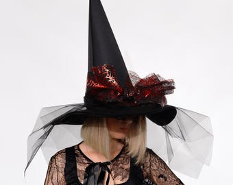 Witch Hat with Tulle Veil and Red Spider Bow - Halloween Costume