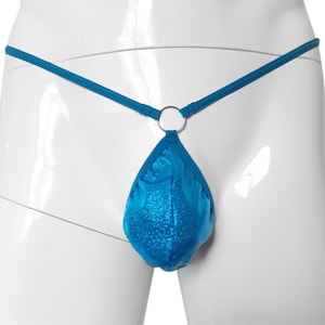 May include: A turquoise blue thong with a sparkly finish and a silver ring at the center.