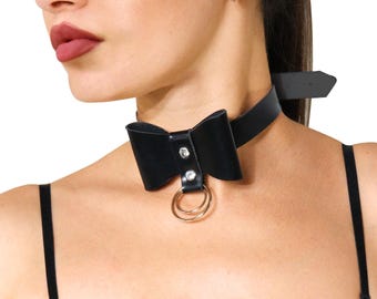 Gargantilla de cuero con pajarita: collar con anilla en O, estilo alternativo