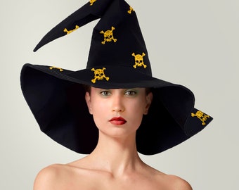 Handmade Witch Hat: Wide Brim Halloween Costume, Skull Decor