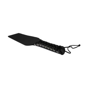 May include: Black leather paddle with a black and silver lace-up handle.