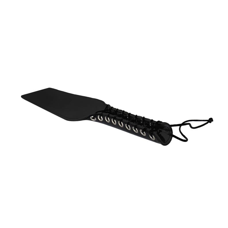 May include: Black leather paddle with a black and silver lace-up handle.