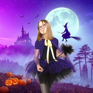 Purple Wizard Costume – Girls & Adults Halloween Sorceress Set with Hooded Cape and Skirt – Magic Outfit from Toddler to Women