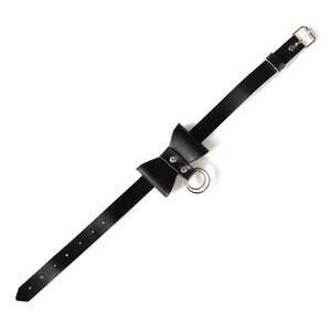 May include: A black leather choker with a bow and a silver ring. The choker is adjustable and has a buckle closure.