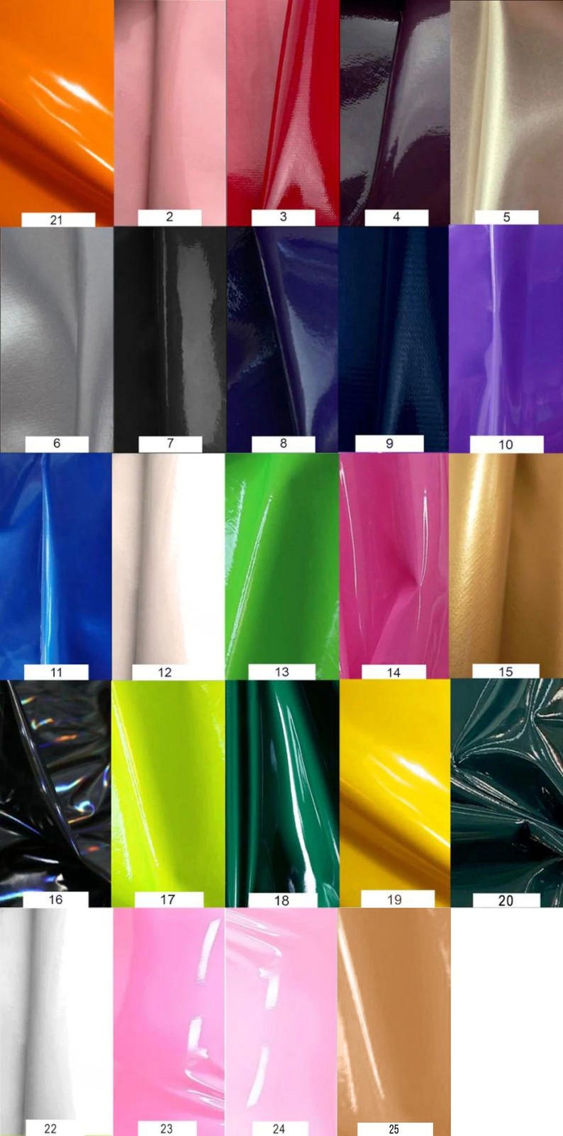 May include: A swatch card with 25 different colors of vinyl fabric. The colors include orange, pink, red, purple, gray, black, blue, green, yellow, and white.
