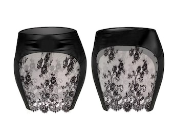 Sheer Lace Mini Skirt, See Through Festival Outfit, PVC Waist Rave Wear, Transparent Lingerie