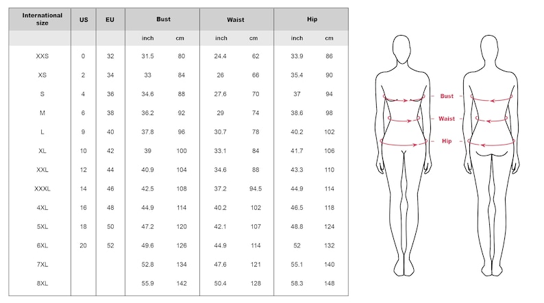 Pu&ograve; includere: Una tabella delle taglie con taglie internazionali, statunitensi ed europee, insieme a misure di busto, vita e fianchi in pollici e centimetri. Include illustrazioni di una persona con linee di misurazione.