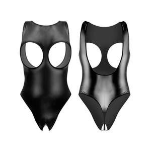 May include: Black bodysuit with a low cut neckline and a cutout design in the front. The bodysuit has a shiny, wet look finish.