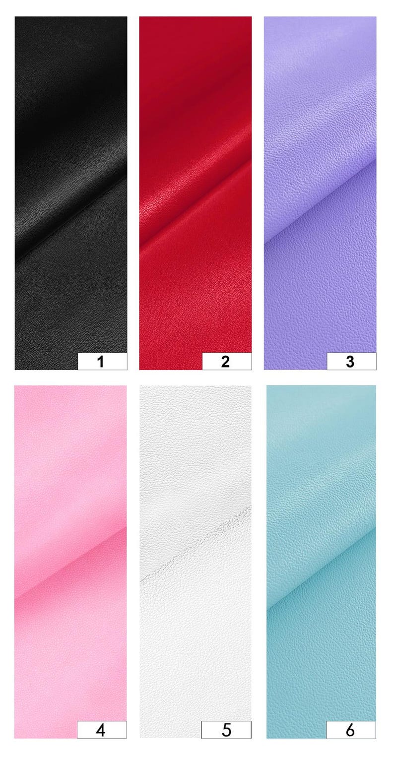 May include: A collection of six fabric swatches in various colors. The swatches include black, red, lavender, pink, white, and light blue. Each swatch has a slightly textured surface and is numbered from 1 to 6.