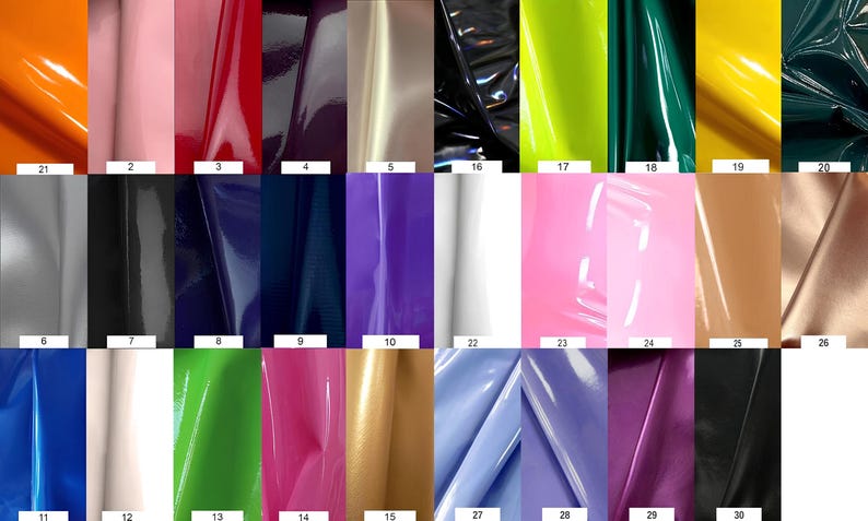 May include: A swatch card with 30 different colors of vinyl fabric. The colors include orange, pink, red, purple, beige, black, gray, blue, green, yellow, and white.