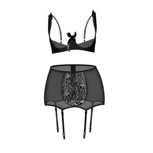 May include: Black lingerie set with a lace bra and garter belt with adjustable straps.