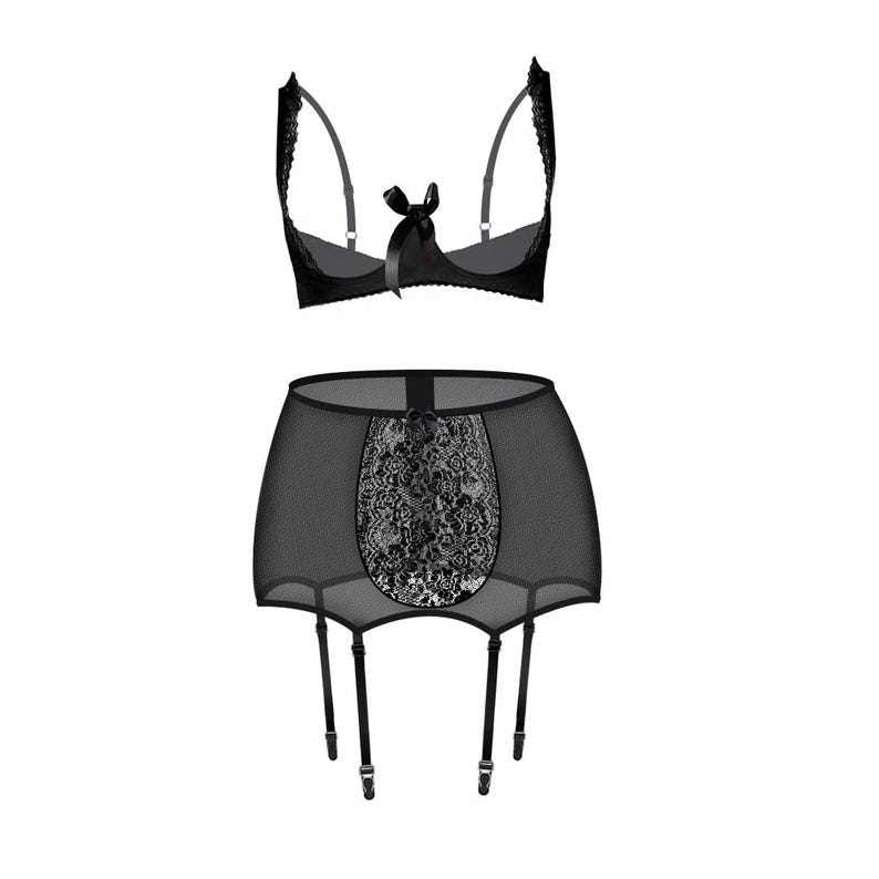 May include: Black lingerie set with a lace bra and garter belt with adjustable straps.