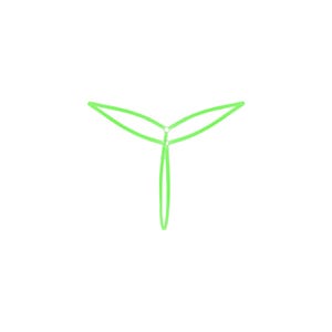 Pode incluir: Ilustra&ccedil;&atilde;o minimalista de um broto de planta verde sobre um fundo branco. O broto apresenta tr&ecirc;s folhas e um caule, todos delineados em uma cor verde brilhante.