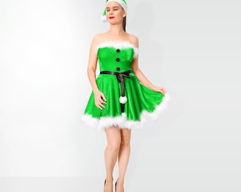 Green Velvet Elf Dress Set for Christmas Costume & Cosplay With Belt and  Striped Socks - Etsy