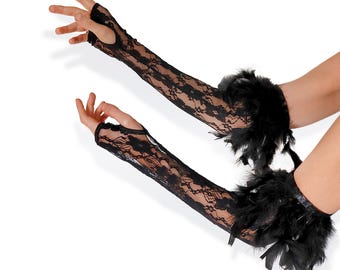 Lace Fingerless Gloves: Gothic Feather Cuffs, Halloween Costume