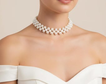 Pearl Choker, Bridal Wedding Jewelry, 3 Strand Necklace for Bride