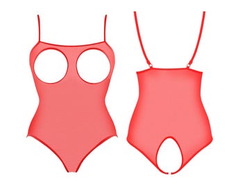 Body trasparente da donna, lingerie con cavallo aperto, body in rete, body trasparente, body velato, body aperto