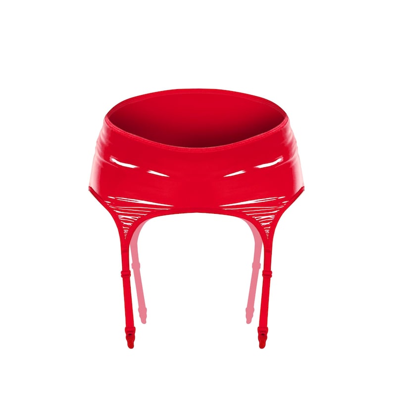 May include: Red patent leather garter belt with three adjustable straps on each side.