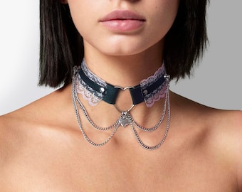 Day collar for women - Heart Chain Lace Choker, Goth Eco-Leather Necklace