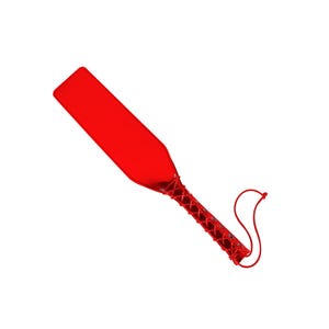 May include: A red leather paddle with a braided red rope handle.