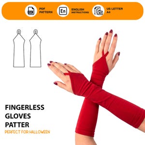 Puede incluir: Guantes sin dedos rojos con un diseño de manga larga. La imagen incluye un patrón para los guantes e instrucciones. El texto en la imagen dice "FINGERLESS GLOVES PATTER" y "PERFECT FOR HALLOWEEN".