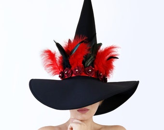Black Witch Hat with Red Feathers — Handmade Halloween Hat for Witch, Wizard and Sorcerer