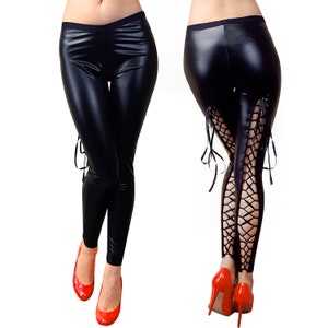 Leggings de PVC: ropa de club para festivales con detalle de cordones Black matte