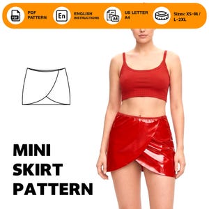 May include: A red mini skirt with a wrap design is shown. The image also displays a PDF pattern, English instructions, and size options from XS-M to L-2XL. The words "MINI SKIRT PATTERN" are printed in bold, black letters.