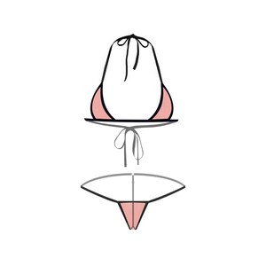 Pode incluir: Um conjunto de biqu&iacute;ni rosa e preto com top halter e parte inferior de corda.