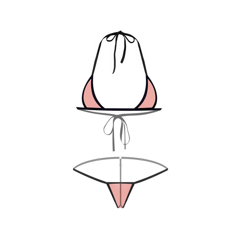 Pode incluir: Um conjunto de biqu&iacute;ni rosa e preto com top halter e parte inferior de corda.