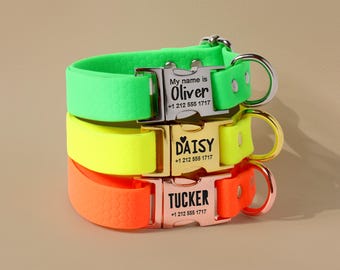 Collar impermeable personalizado para perros con hebilla metálica grabada – Regalo personalizado para mascotas con nombre, colores brillantes
