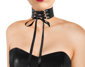 Eco leather lace up choker, wide goth choker, corset choker, alternative style choker, leather goth collar, goth accessory, ribbon necklace