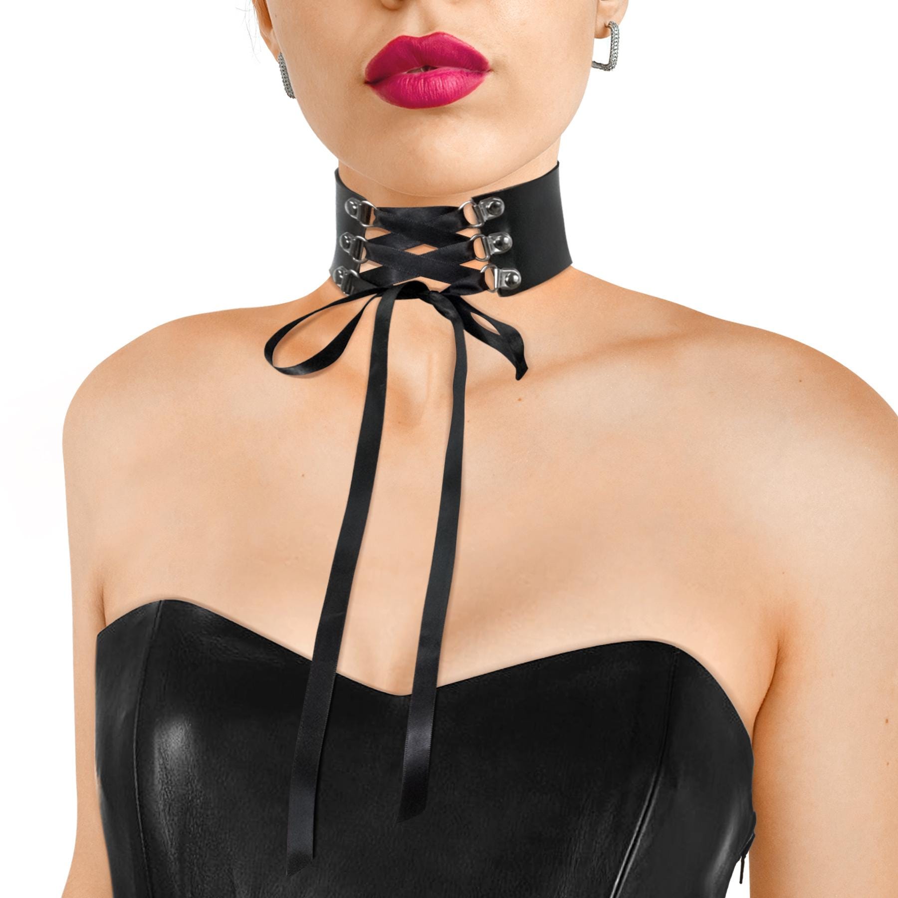 Eco leather lace up choker, wide goth choker, corset choker, alternative style choker, leather goth collar, goth accessory, ribbon necklace