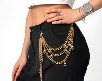Gold Layered Pants Chain, Pearl Star Celestial Y2K Jeans Accessory