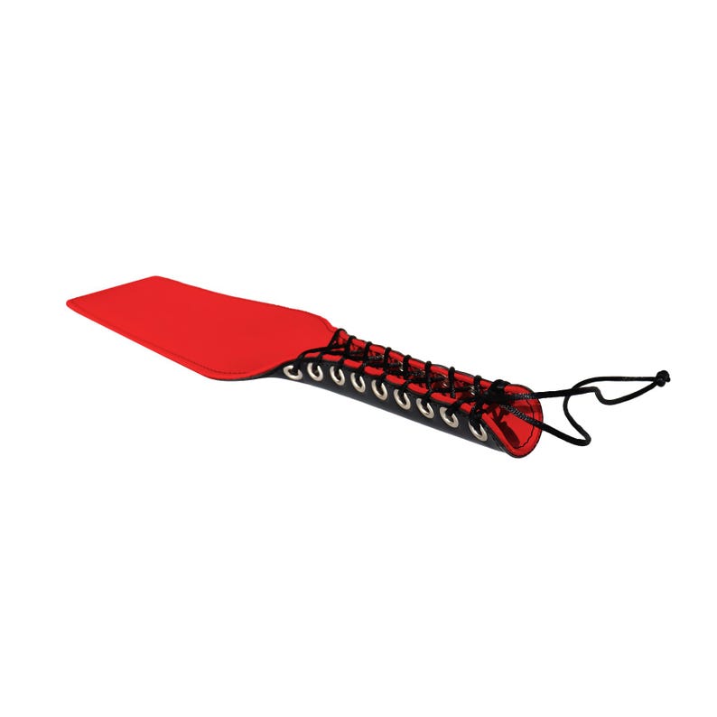 May include: A red leather paddle with a black leather handle and black laces. The handle has metal eyelets.