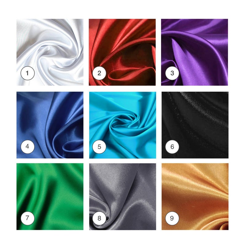 May include: Nine fabric swatches in different colors and textures. The swatches are arranged in a grid of three rows and three columns. The colors are white, red, purple, blue, turquoise, black, green, gray, and gold.