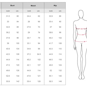 May include: Size chart for clothing with measurements in inches and centimeters. The chart includes international, US, and EU sizes, as well as bust, waist, and hip measurements.