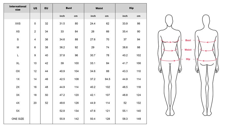 May include: Size chart for clothing with measurements in inches and centimeters. The chart includes international, US, and EU sizes, as well as bust, waist, and hip measurements.