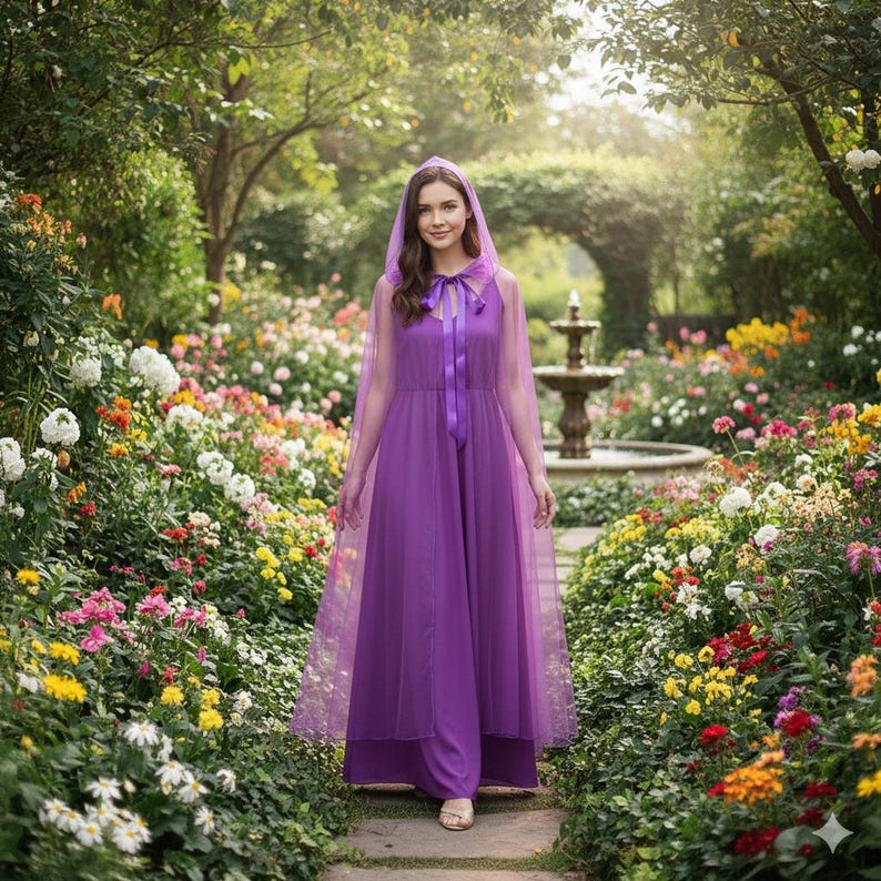 Long hooded cape, wizard robe, fantasy cosplay cape, Halloween costume, tulle cape, transparent cape, witch cape, Halloween cape (8) Lavender