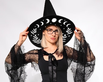 Cappello da strega con stampa lunare: costume gotico di Halloween a tesa larga