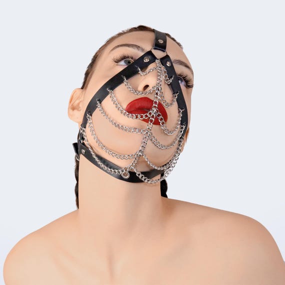 Leather chain mask, punk goth accessory, full face chain leather mask, festival mask, rave mask, rave outfit, full face chain head harness
