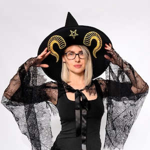 Witch Hat with Printed Designs – 14 Halloween Prints, 3 Sizes – Black Witch Hat for Women, Halloween Party Costume