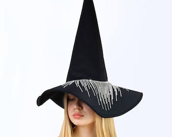 Halloween witch hat with rhinestone chain