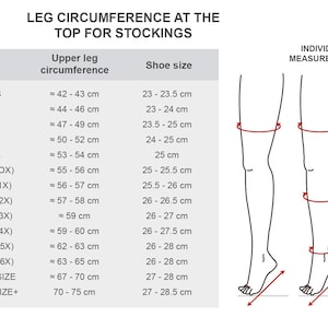 May include: Chart showing leg circumference measurements in centimeters for different stocking sizes, along with corresponding shoe sizes. The chart includes sizes XS to 8XL, as well as one size and one size plus.  A diagram shows where to measure the leg circumference.