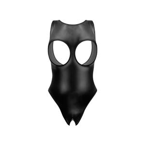 May include: Black leather bodysuit with a plunging neckline and cutouts at the bust.