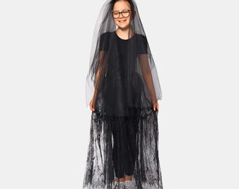 Conjunto de fantasia de noiva para Halloween: saia gótica e véu preto
