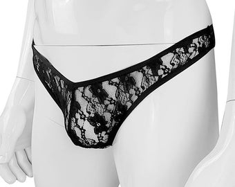 Tanga de encaje para hombre, bragas transparentes para hombre, lencería masculina transparente