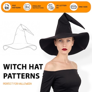 May include: A black witch hat with a wide brim and a pointed crown. The image includes a line drawing of the hat, text reading WITCH HAT PATTERNS, and icons indicating PDF pattern, English instructions, US Letter A4 paper size, and one size.